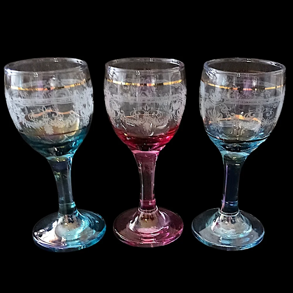 3 Chatel Gold Cristal D'Arques Cordial Glasses‎ Durand Iridescent Cranberry Blue